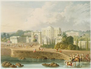 1813 में हैदराबाद में ब्रिटिश रेजीडेंसी, भारत के &39;दृश्य, वेशभूषा और वास्तुकला&39; के खंड II से, जॉन विलिस (fl.1826-52) द्वारा निर्मित और आरजी रीव (fl.1811-37) द्वारा उत्कीर्ण। स्मिथ द्वारा, ई
